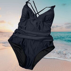 All Sure Women's size Large Black Halter Ruched waist One piece swimsuit